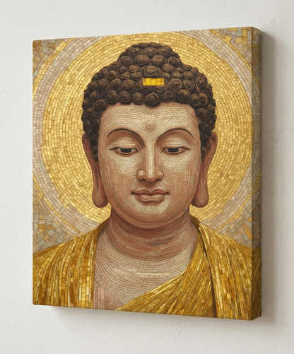 Buddha Altın Mozaik Kanvas Tablo | Zen Meditasyon Duvar Dekoru | Spa – Masaj – Yoga Odası Süslemesi
