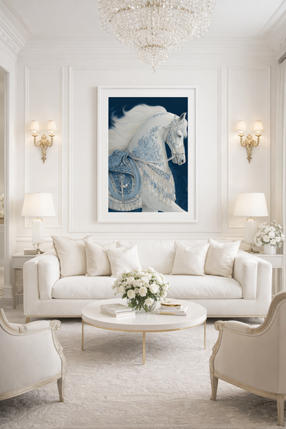 Asalet Serisi Beyaz At Tasarım Lüks Çerçeveli Tablo - Modern Klasik Duvar Dekoru