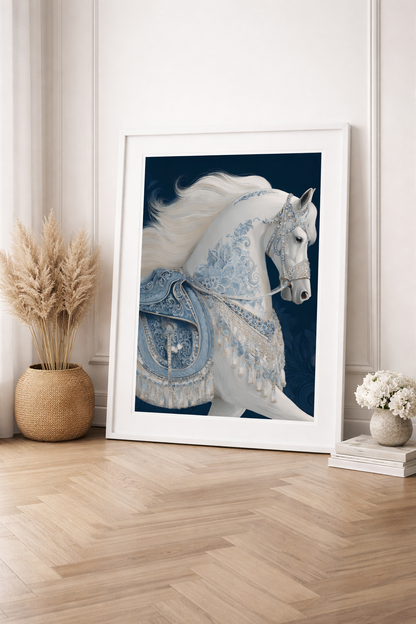 Asalet Serisi Beyaz At Tasarım Lüks Çerçeveli Tablo - Modern Klasik Duvar Dekoru