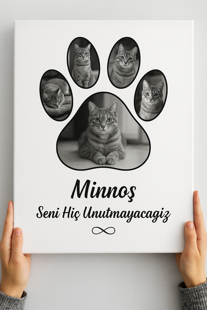 Kişiye Özel Evcil Hayvan Hatıra Kanvas Tablo | Pati Şeklinde Siyah Beyaz Fotoğraf  Kedi ve Köpek Anı Tablosu