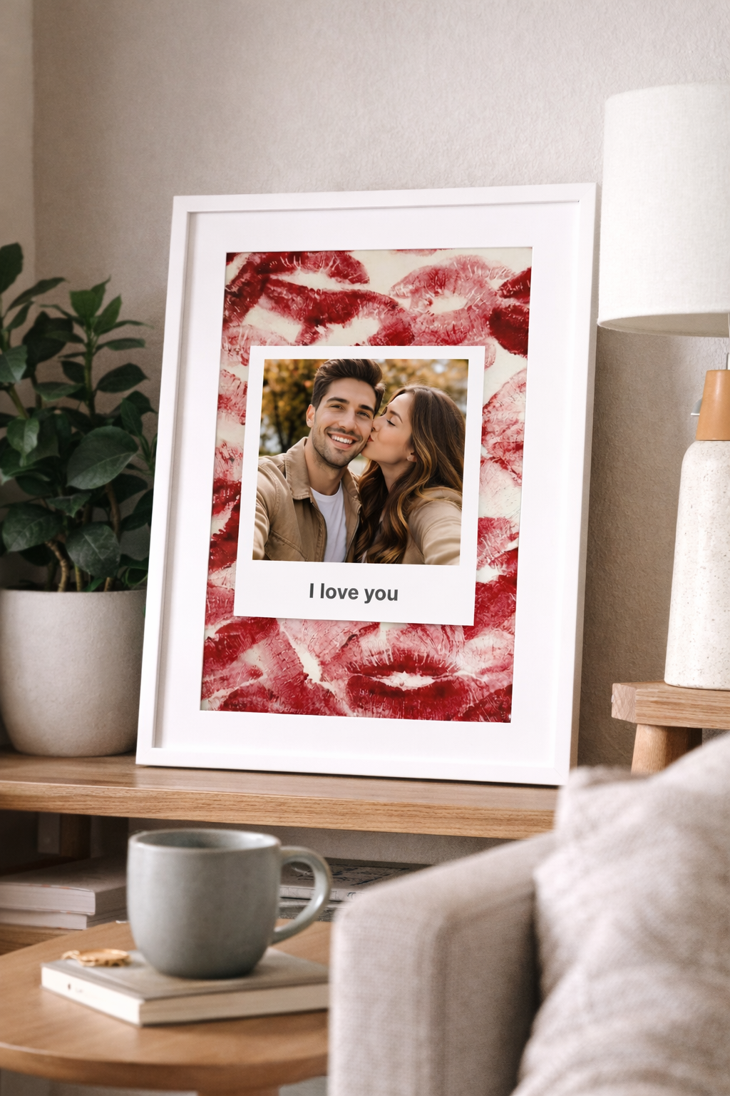 Kişiye Özel Fotoğraflı I Love You Beyaz Çerçeveli Romantik Tablo-Sevgililer Günü