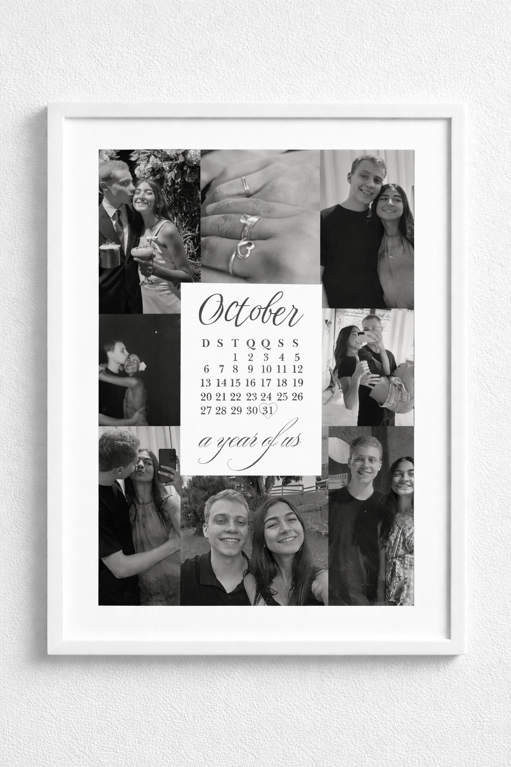 Kişiye Özel Fotoğraflı Takvimli Aşk Tablosu – A Year of Us Romantik Çerçeveli Kolaj Tablo-Sevgililer Günü