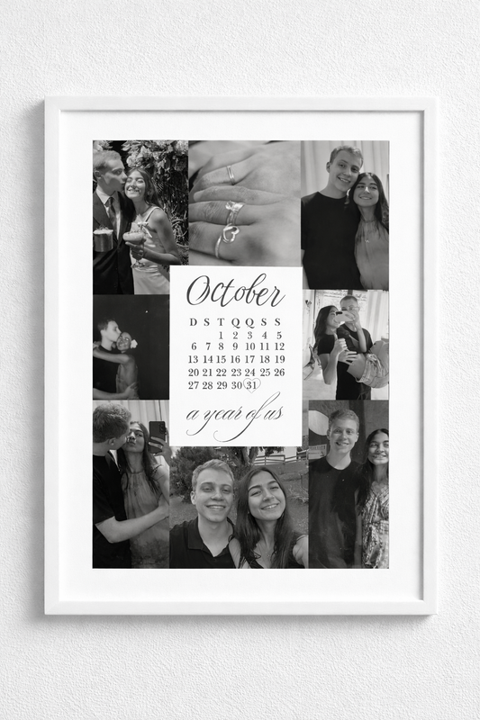 Kişiye Özel Fotoğraflı Takvimli Aşk Tablosu – A Year of Us Romantik Çerçeveli Kolaj Tablo-Sevgililer Günü