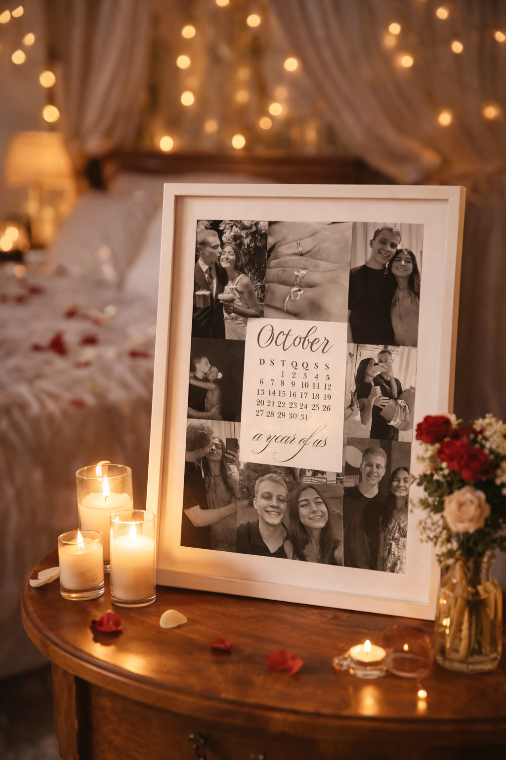 Kişiye Özel Fotoğraflı Takvimli Aşk Tablosu – A Year of Us Romantik Çerçeveli Kolaj Tablo-Sevgililer Günü