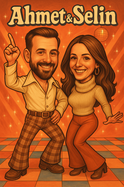 Kişiye Özel 70’ler Tarzı Karikatürize Çerçeveli Tablo – Sevgiliye Retro Disco Temalı Hediye
