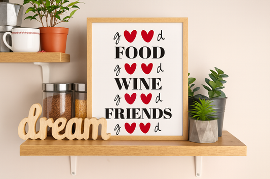 🍷 Good Food, Good Wine, Good Friends, Good Times – Mutfak Çerçeveli Duvar Tablosu