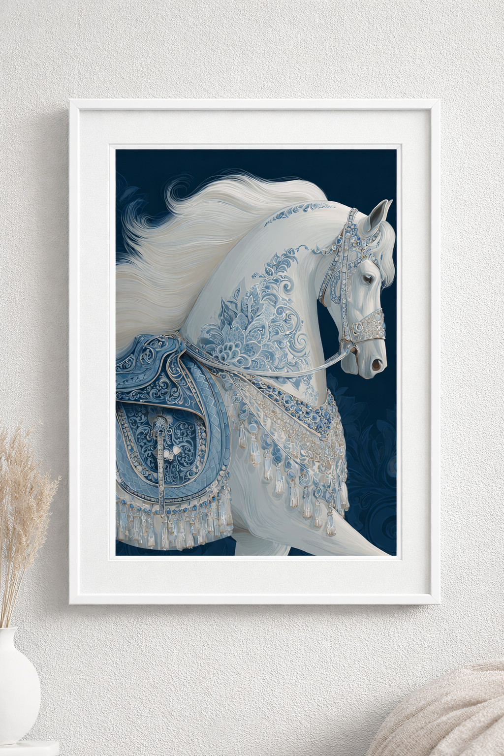 Asalet Serisi Beyaz At Tasarım Lüks Çerçeveli Tablo - Modern Klasik Duvar Dekoru