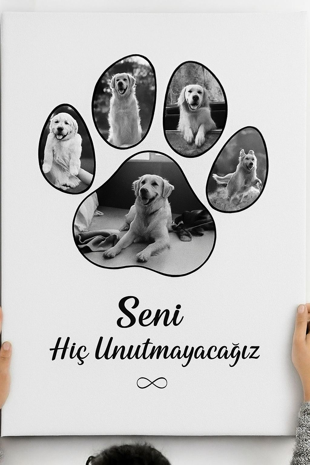Kişiye Özel Evcil Hayvan Hatıra Kanvas Tablo | Pati Şeklinde Siyah Beyaz Fotoğraf  Kedi ve Köpek Anı Tablosu