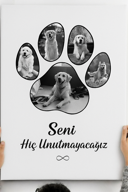 Kişiye Özel Evcil Hayvan Hatıra Kanvas Tablo | Pati Şeklinde Siyah Beyaz Fotoğraf  Kedi ve Köpek Anı Tablosu