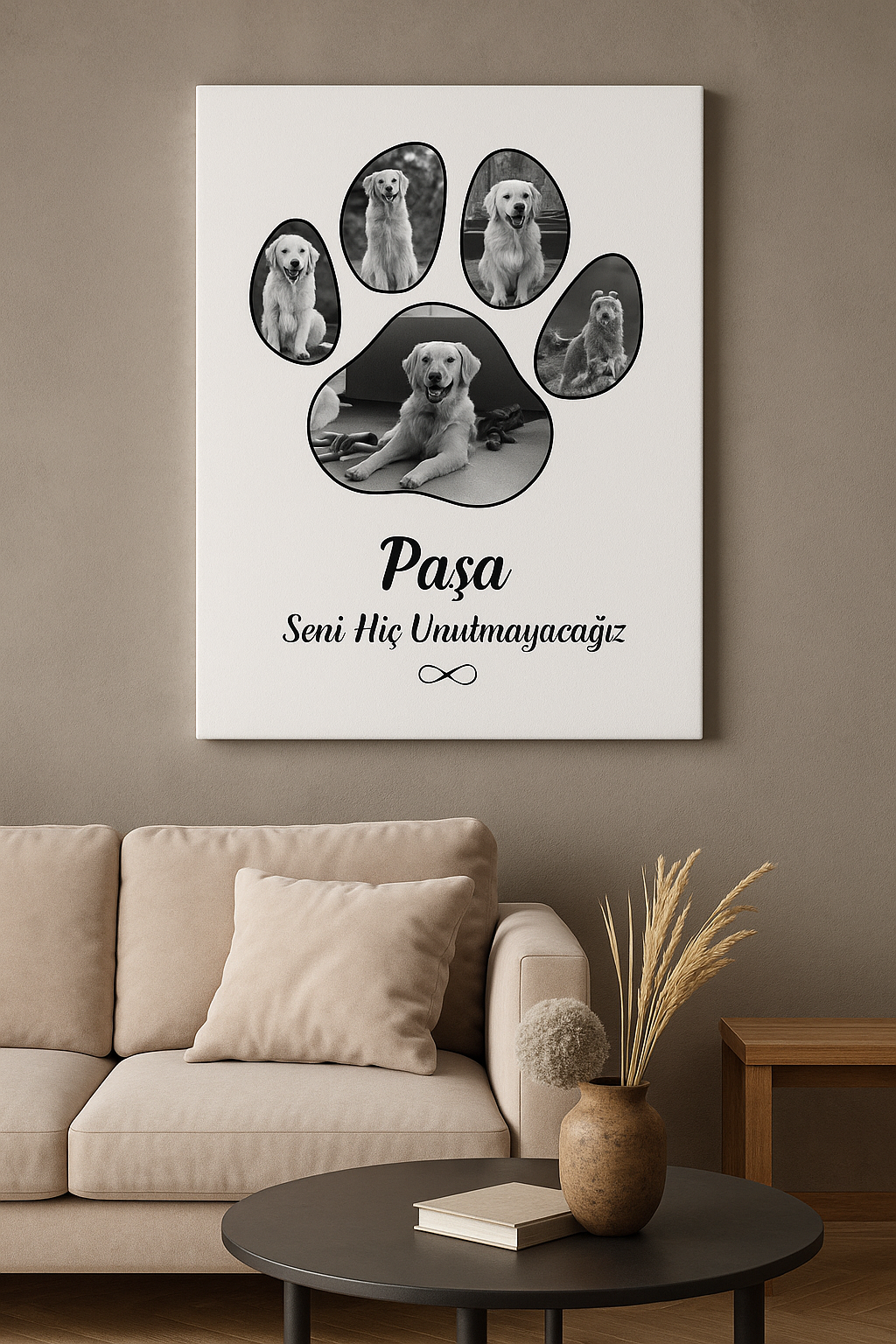 Kişiye Özel Evcil Hayvan Hatıra Kanvas Tablo | Pati Şeklinde Siyah Beyaz Fotoğraf  Kedi ve Köpek Anı Tablosu