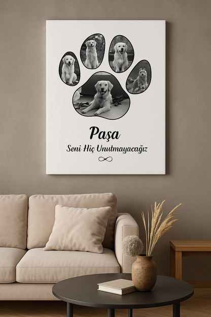 Kişiye Özel Evcil Hayvan Hatıra Kanvas Tablo | Pati Şeklinde Siyah Beyaz Fotoğraf  Kedi ve Köpek Anı Tablosu