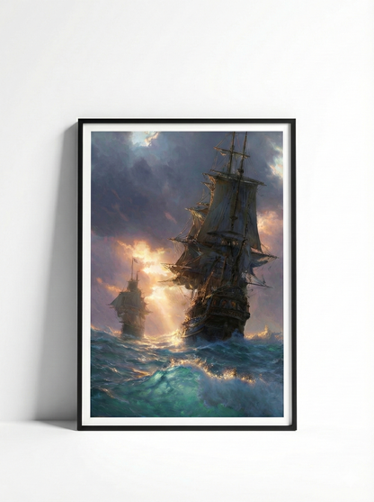 Nostaljik Yelkenli Gemi Temalı Dekoratif Çerçeveli Duvar Tablosu