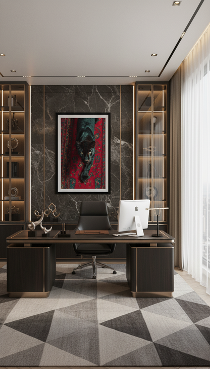 Siyah Çerçeveli Panter Temalı Dekoratif Tablo | Modern Ofis ve Ev Duvar Dekoru | Güç ve Asalet Simgesi