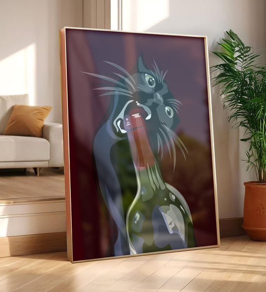 Kedi Şarap Temalı Çerçeveli Tablo