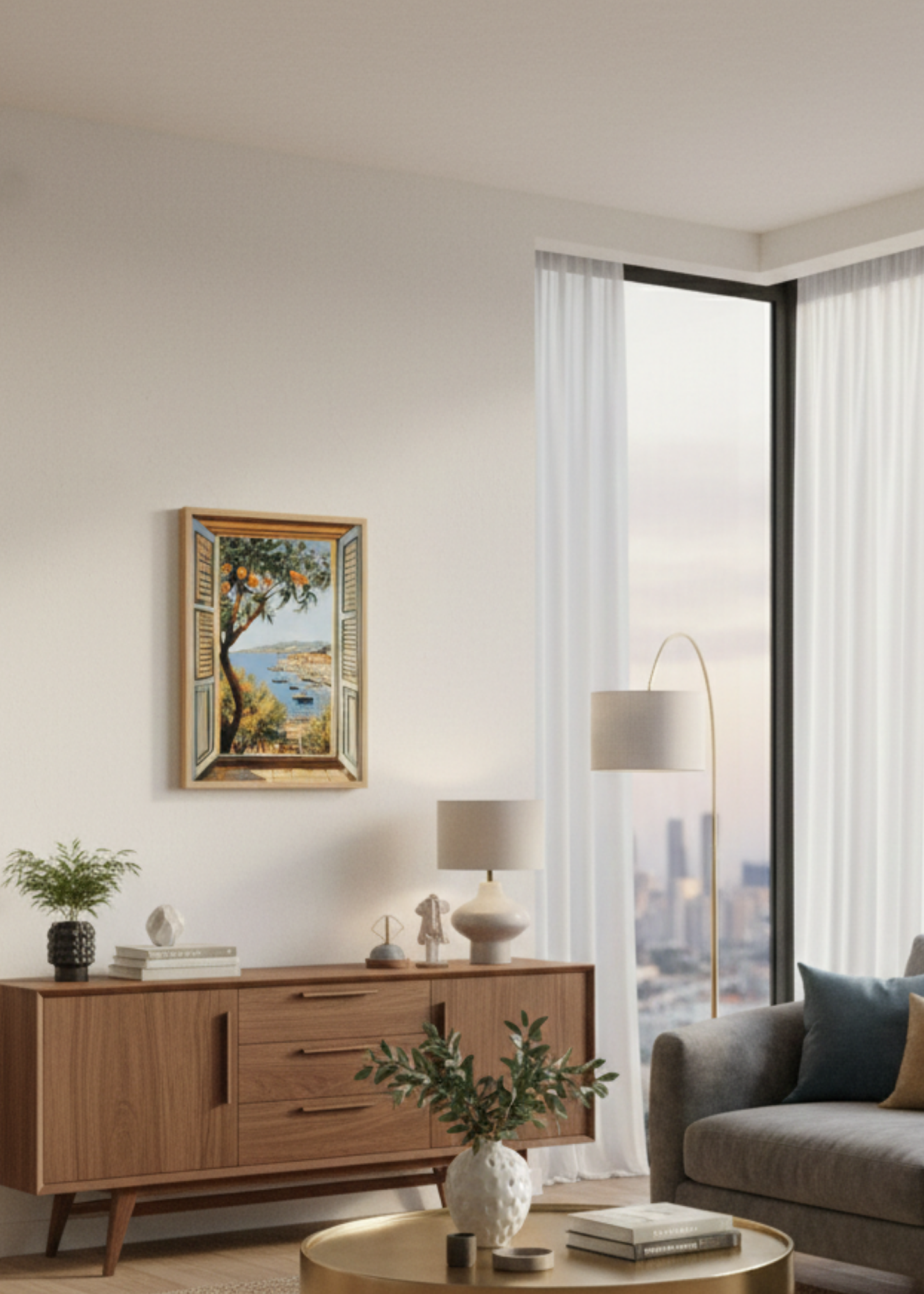 Akdeniz Pencere Manzaralı Çerçeveli Tablo - Portakal Ağacı ve Deniz Temalı