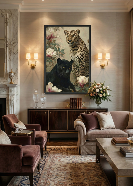 Vahşi Zarafet Leopar ve Kara Panter Çiçekli Tasarım Siyah Çerçeveli Tablo - Lüks Salon Dekoru