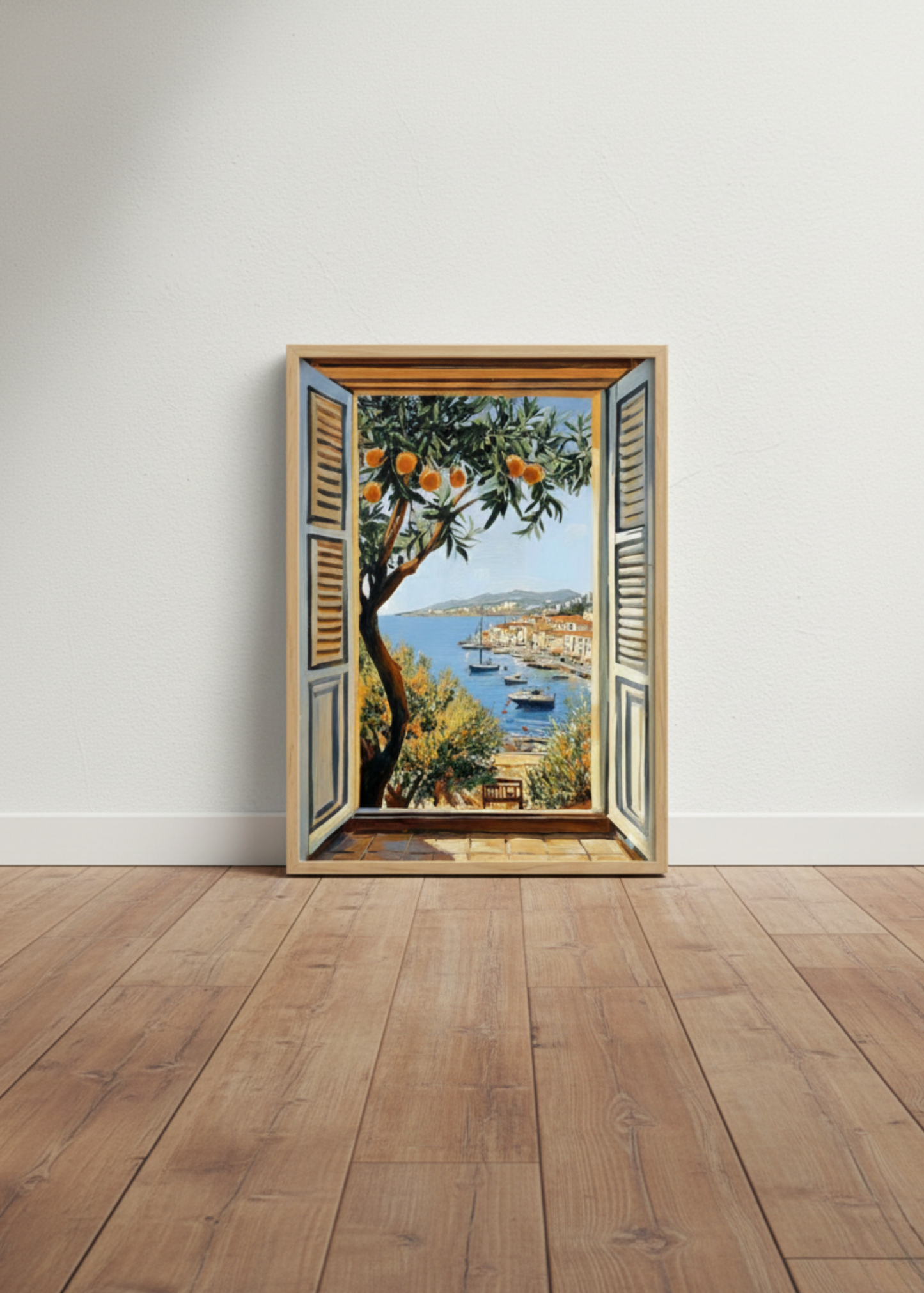 Akdeniz Pencere Manzaralı Çerçeveli Tablo - Portakal Ağacı ve Deniz Temalı