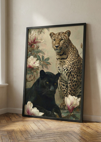 Vahşi Zarafet Leopar ve Kara Panter Çiçekli Tasarım Siyah Çerçeveli Tablo - Lüks Salon Dekoru
