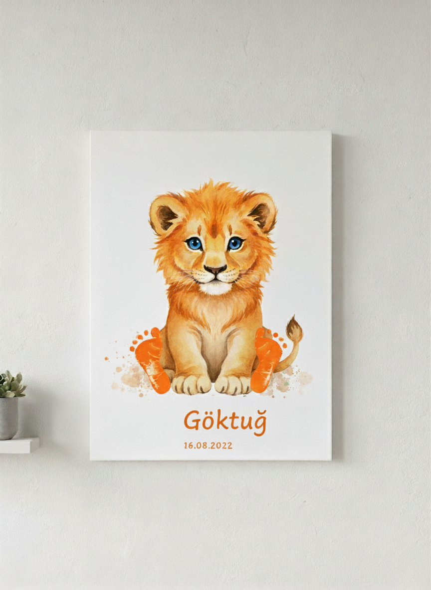 Kişiye Özel Bebek Ayak İzi Tablo Kiti – İsim ve Doğum Tarihli Hatıra Aslan Tasarımı – Boya Dahil Anı Tablosu