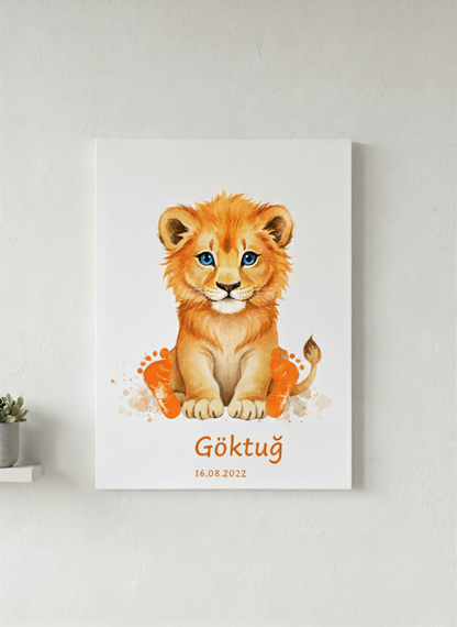 Kişiye Özel Bebek Ayak İzi Tablo Kiti – İsim ve Doğum Tarihli Hatıra Aslan Tasarımı – Boya Dahil Anı Tablosu