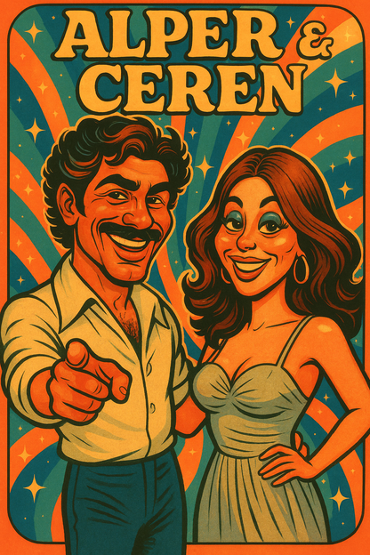 Kişiye Özel 70’ler Tarzı Karikatürize Çerçeveli Tablo – Sevgiliye Retro Disco Temalı Hediye