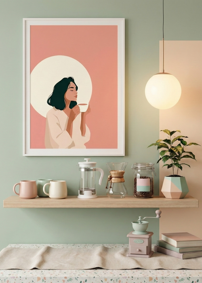 Modern Kadın ve Kahve Temalı Beyaz Çerçeveli Tablo