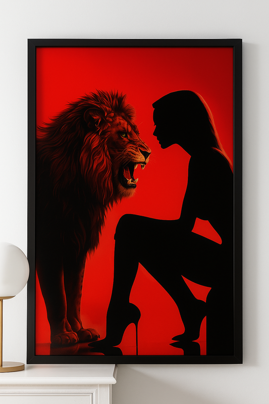 Asalet ve Güç Temalı Aslan ve Kadın Silüeti Siyah Çerçeveli Tablo | Modern Kırmızı Arka Plan Duvar Dekoru