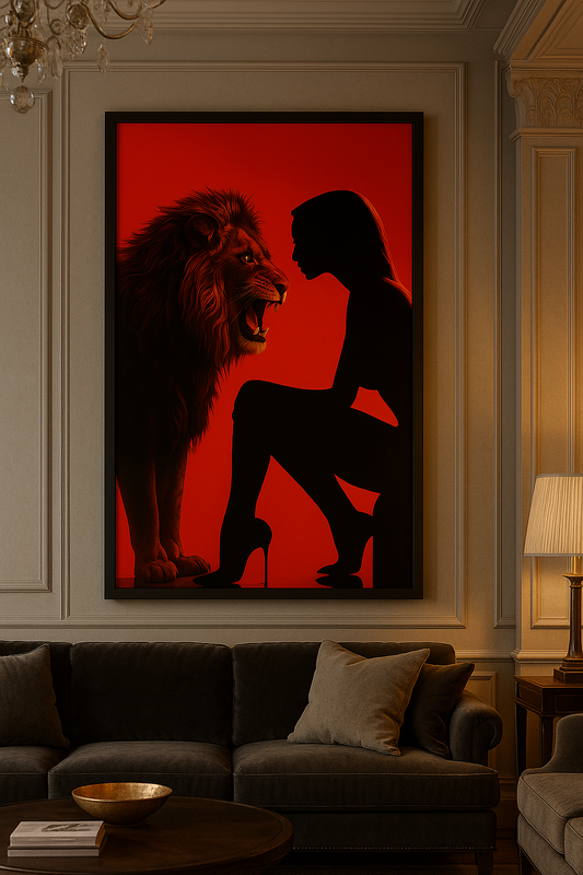 Asalet ve Güç Temalı Aslan ve Kadın Silüeti Siyah Çerçeveli Tablo | Modern Kırmızı Arka Plan Duvar Dekoru