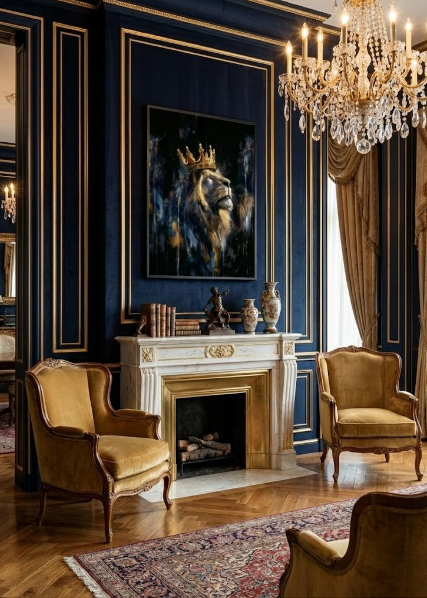 Lüks Dekorasyon Taçlı Aslan Çerçeveli Tablo - Ofis ve Salon Duvar Sanatı