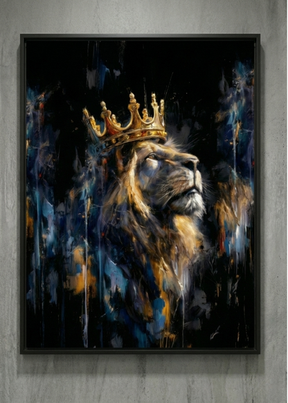 Lüks Dekorasyon Taçlı Aslan Çerçeveli Tablo - Ofis ve Salon Duvar Sanatı