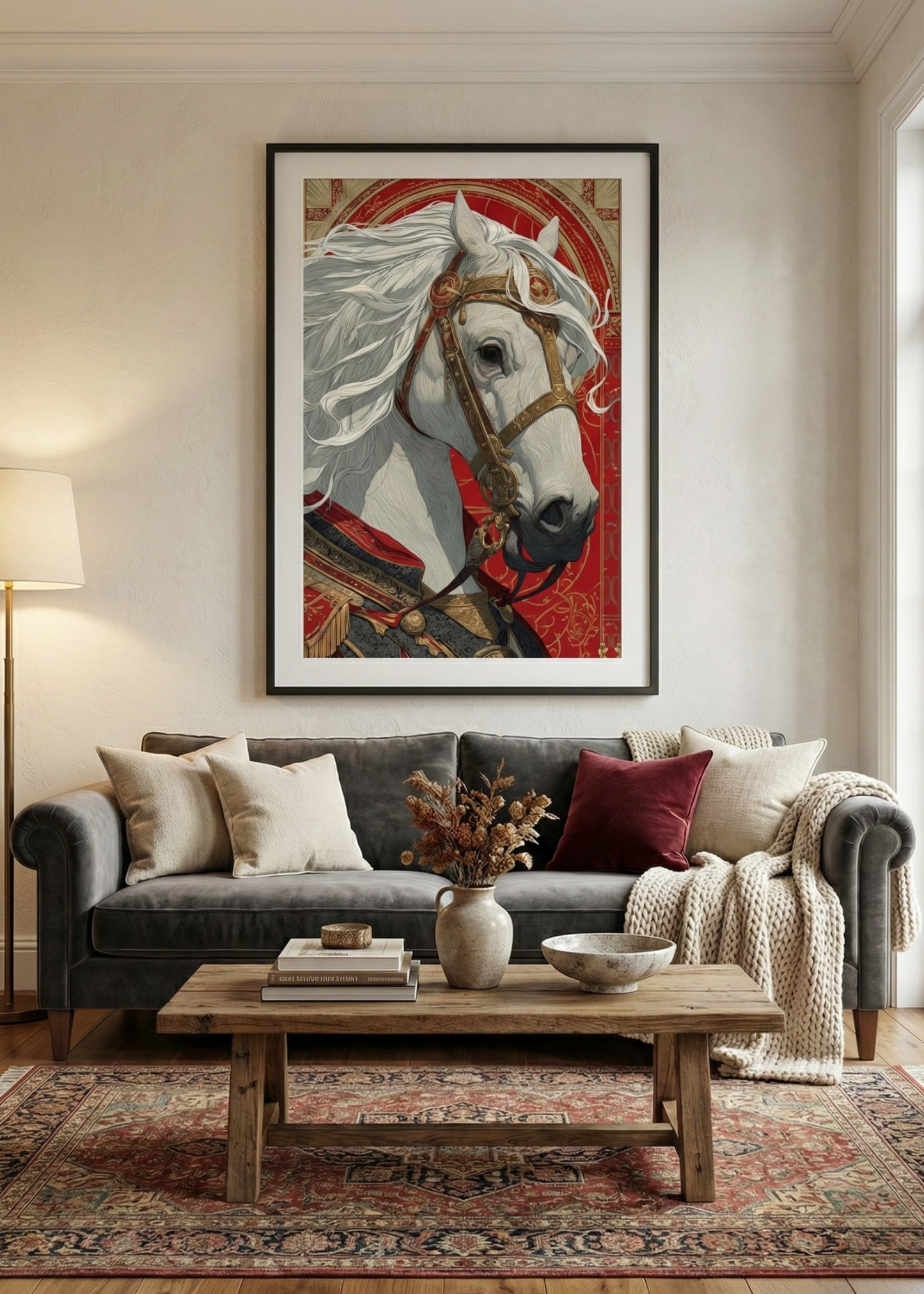 Asalet Serisi Zırhlı Beyaz At Tasarım Çerçeveli Tablo - Lüks Ofis ve Salon Dekoru
