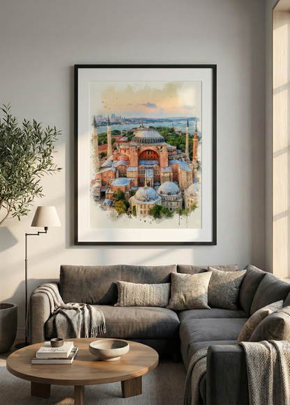 Ayasofya Camii Sulu Boya Efektli Siyah Çerçeveli Tablo - İstanbul Temalı Duvar Dekoru