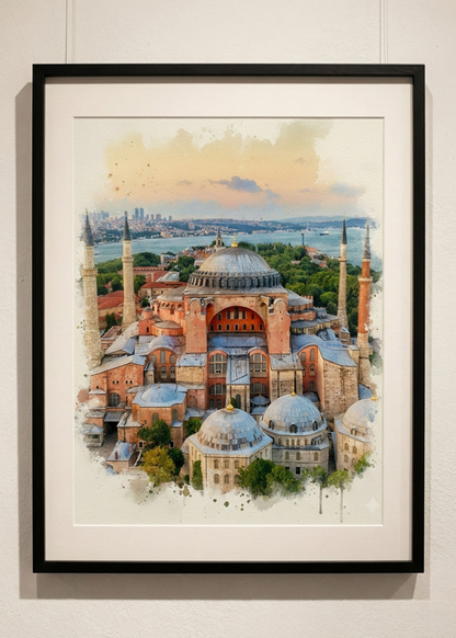 Ayasofya Camii Sulu Boya Efektli Siyah Çerçeveli Tablo - İstanbul Temalı Duvar Dekoru