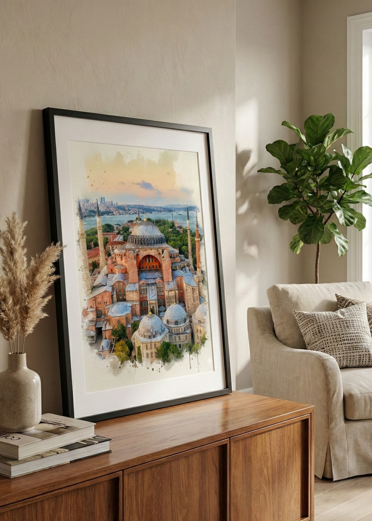 Ayasofya Camii Sulu Boya Efektli Siyah Çerçeveli Tablo - İstanbul Temalı Duvar Dekoru