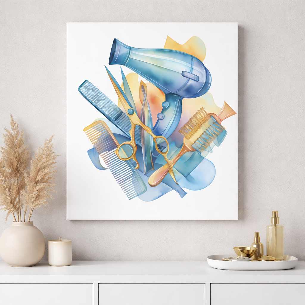 Kuaför ve Güzellik Merkezi Dekoratif Kanvas Tablo - Sulu Boya Tasarım Ekipmanlar