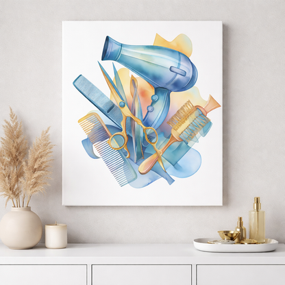 Kuaför ve Güzellik Merkezi Dekoratif Kanvas Tablo - Sulu Boya Tasarım Ekipmanlar