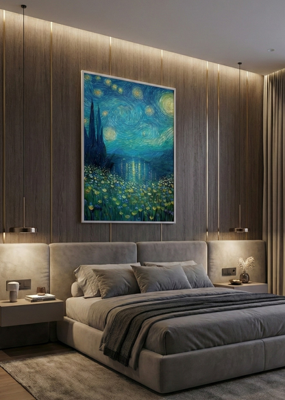 Yıldızlı Gece Manzarası Temalı Çerçeveli Duvar Tablosu Modern Dekoratif Tablo