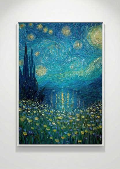 Yıldızlı Gece Manzarası Temalı Çerçeveli Duvar Tablosu Modern Dekoratif Tablo