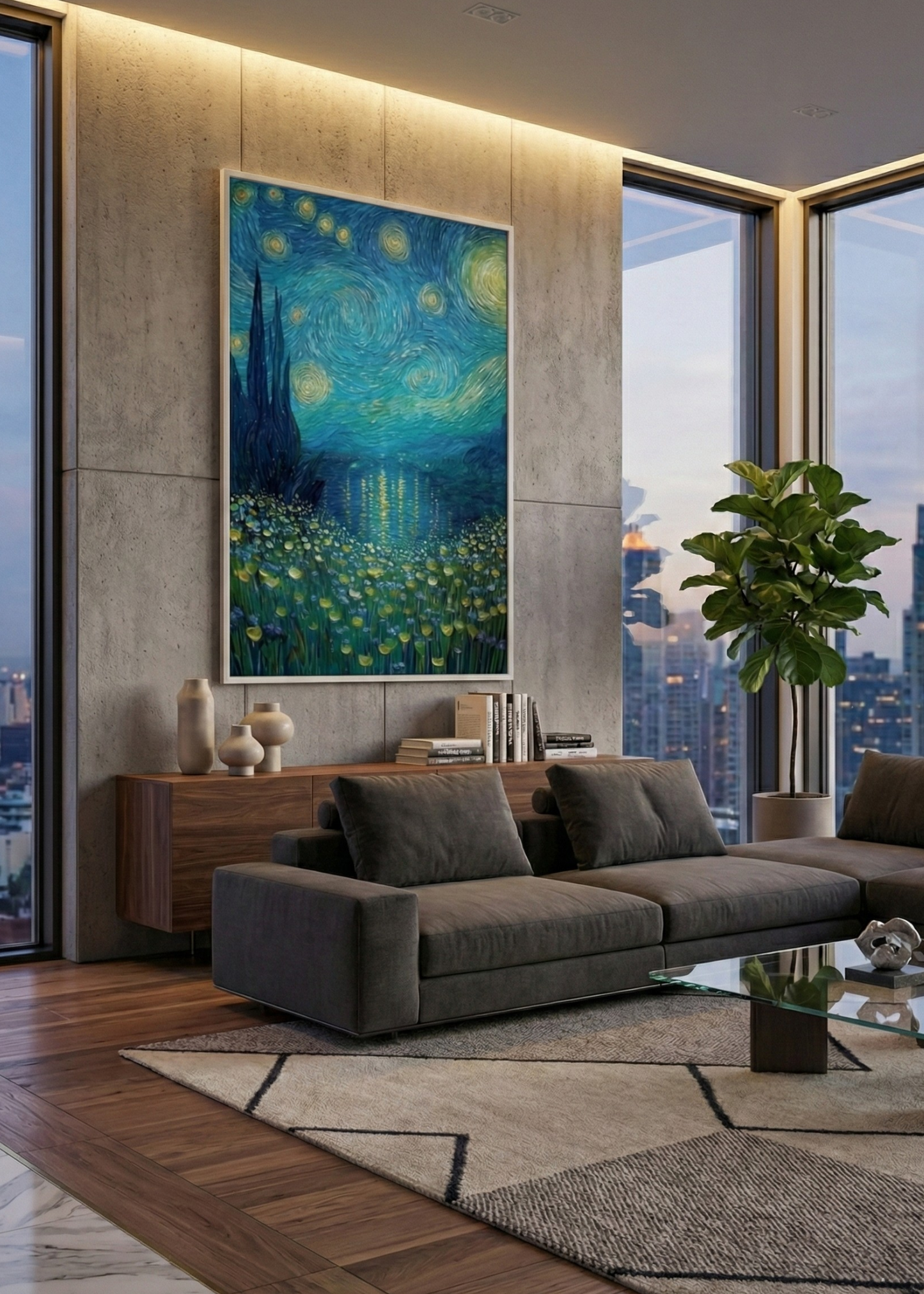 Yıldızlı Gece Manzarası Temalı Çerçeveli Duvar Tablosu Modern Dekoratif Tablo