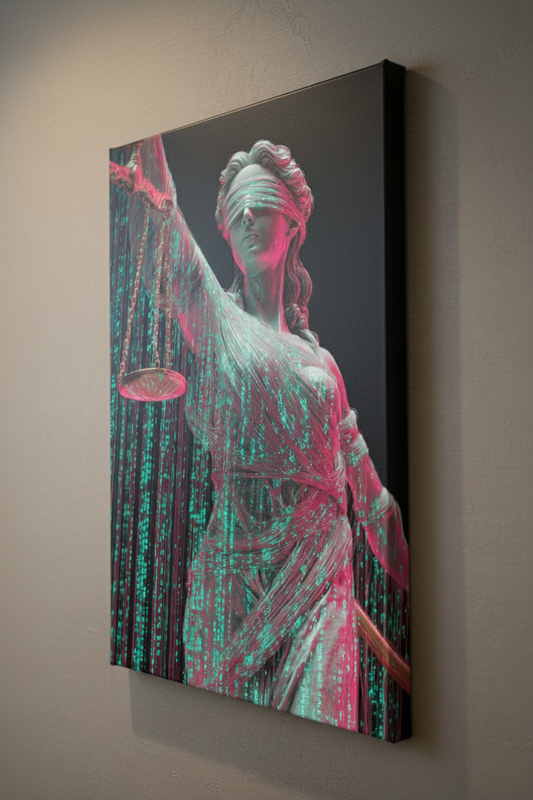 Bilişim Hukuku Temalı Dijital Efektli Themis Kanvas Tablo – Avukat & Ofis Dekorasyonu