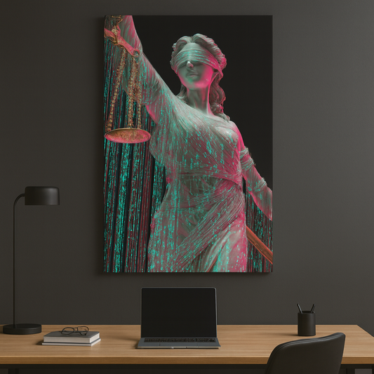 Bilişim Hukuku Temalı Dijital Efektli Themis Kanvas Tablo – Avukat & Ofis Dekorasyonu