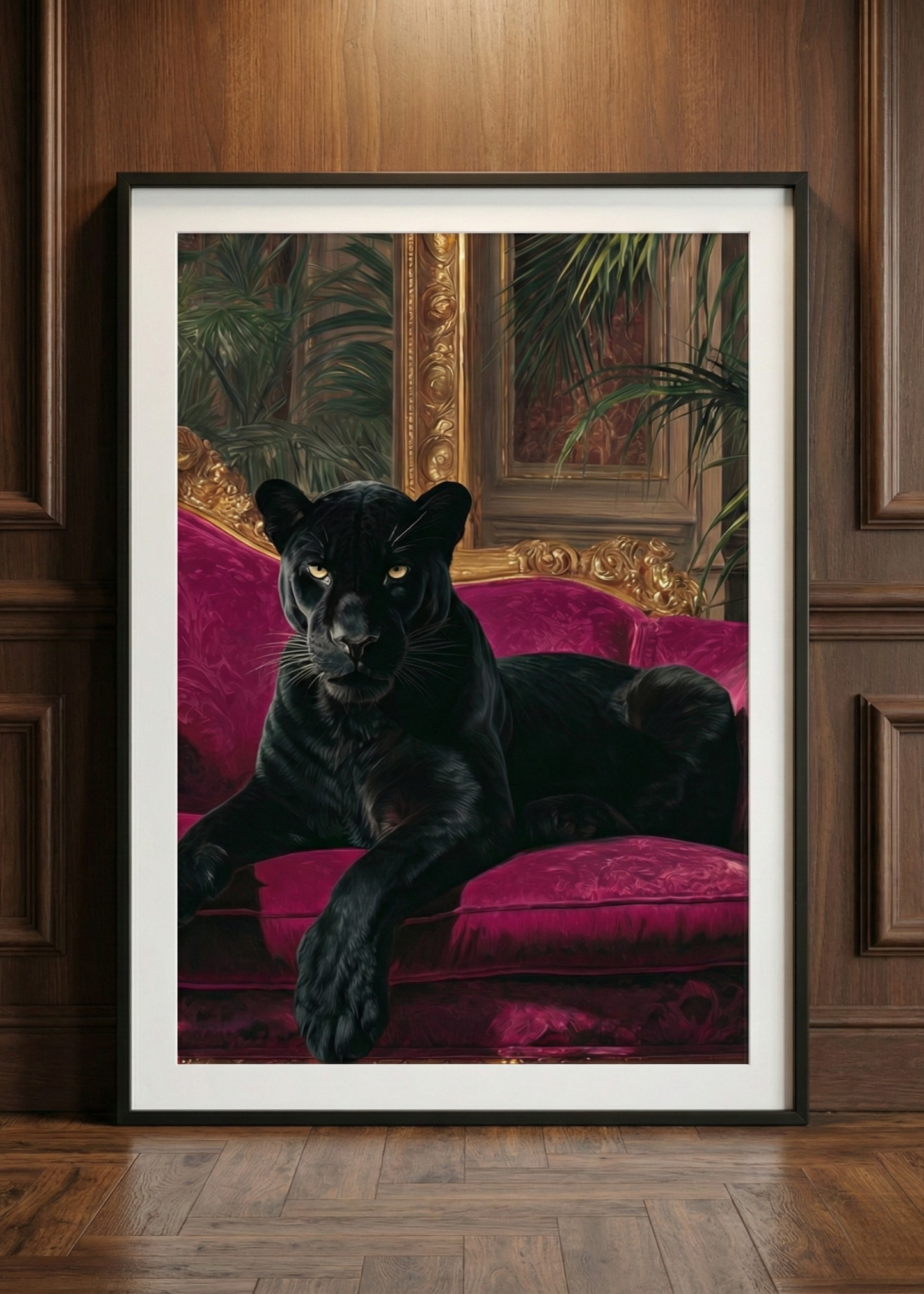 Pembe Kadife Koltukta Kara Panter Tasarım Siyah Çerçeveli Tablo - Lüks Duvar Dekoru