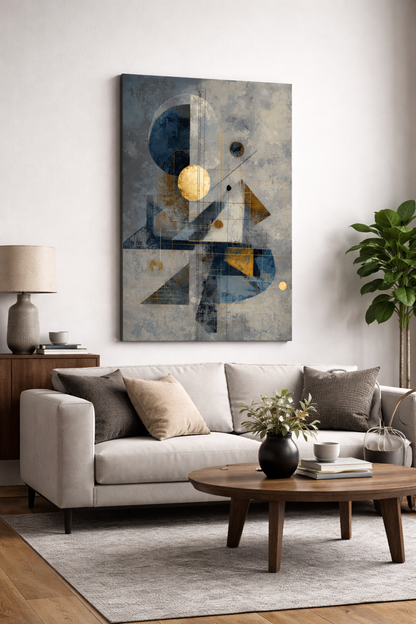Bohem Soyut Geometrik Kanvas Tablo - Mavi ve Altın Modern Duvar Sanatı