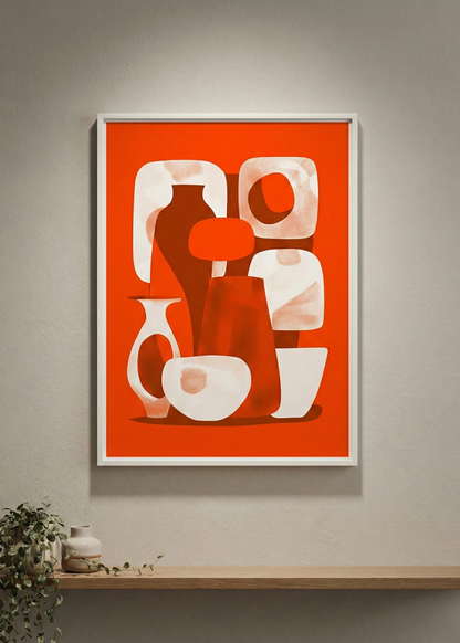 Bohem Soyut Vazolar Beyaz Çerçeveli Tablo - Turuncu Terracotta Modern Duvar Sanatı