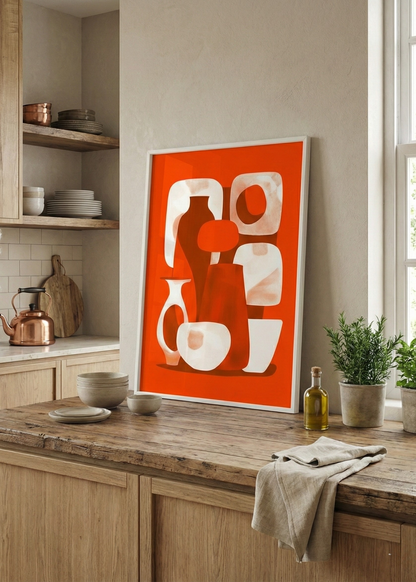 Bohem Soyut Vazolar Beyaz Çerçeveli Tablo - Turuncu Terracotta Modern Duvar Sanatı