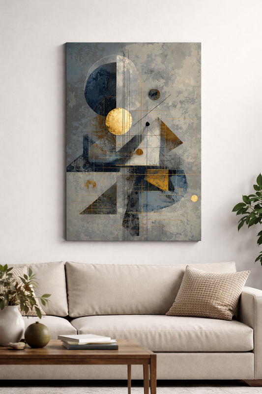 Bohem Soyut Geometrik Kanvas Tablo - Mavi ve Altın Modern Duvar Sanatı