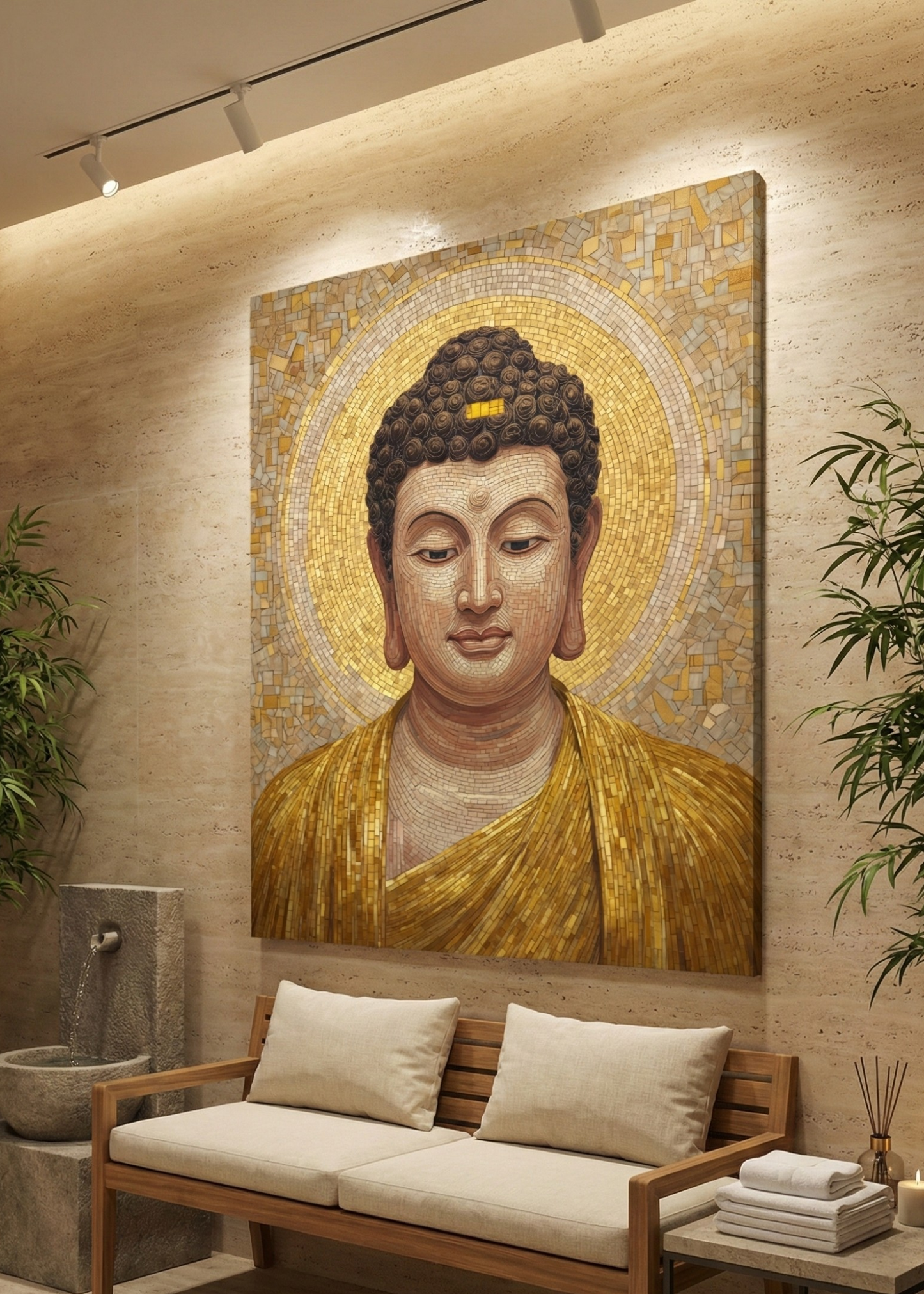 Buddha Altın Mozaik Kanvas Tablo | Zen Meditasyon Duvar Dekoru | Spa – Masaj – Yoga Odası Süslemesi