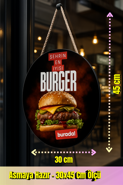 Burger Dükkanı Kapı ve Vitrin Asma Tabela – 30x45 cm Asmaya Hazır