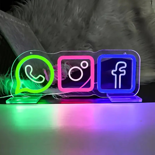 Neon Sosyal Medya İkonlu (Whatsapp -İnstagram - Facebook ) Temalı Aydınlatma