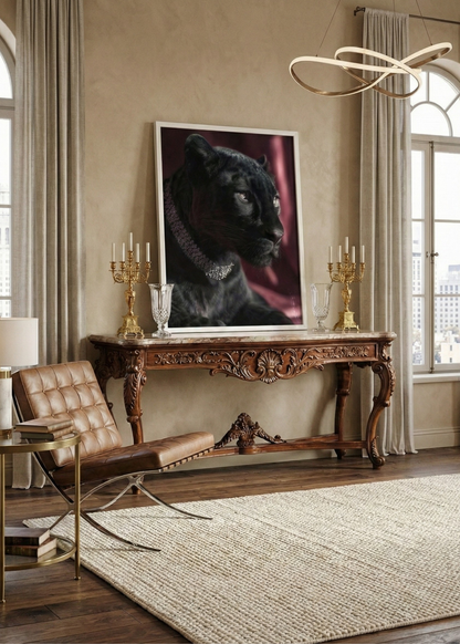 Elmas Kolyeli Kara Panter Tasarım Beyaz Çerçeveli Tablo - Lüks Duvar Dekoru